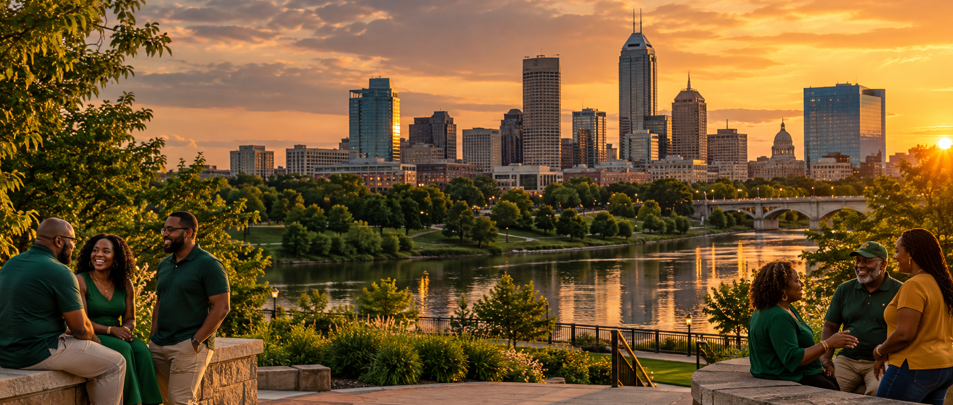 Alumni gathered at golden hour beside the Indianapolis skyline